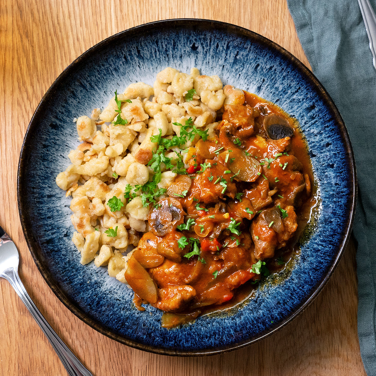Chicken stroganoff with spaetzli