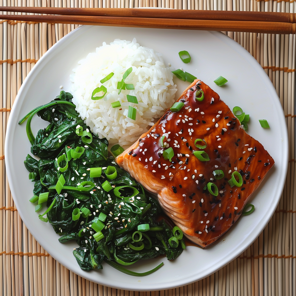 Saumon Teriyaki, Épinards à la Noix de Coco, Riz au Sésame