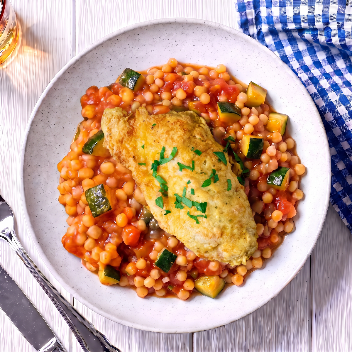 Chicken Piccata with Fregola Sarda